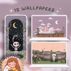 Puede incluir: Fondos de pantalla digitales con personajes de esqueletos caprichosos en varias escenas. Los diseños incluyen un esqueleto en un jardín, un esqueleto con girasoles y un esqueleto bajo una luna creciente. Se muestra el texto "12 WALLPAPERS".