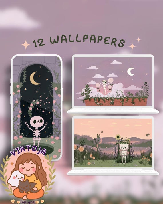 skeleton pink Lofi Wallpaper Set, Halloween (Digital Download)