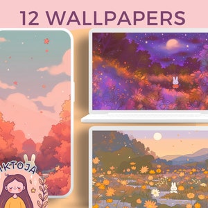 May include: A set of 12 digital wallpapers featuring cute illustrations of a bunny rabbit in a woodland setting. The wallpapers have a soft, pastel colour palette and feature a variety of scenes, including a starry night sky, a field of flowers, and a forest path.