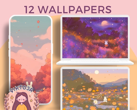 Kawaii Autumn Bunny Wallpaper: Pastel Pumpkin Desktop Background (Digital Download)