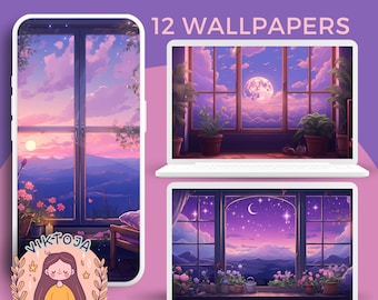 Lila Himmel Fenster Wallpaper, Lofi Phone & Tablet Hintergründe (Digitaler Download)