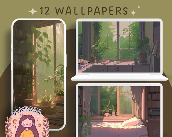 Studio Ghibli Inspired Wallpaper: Anime Plants & Books (Digital Download)