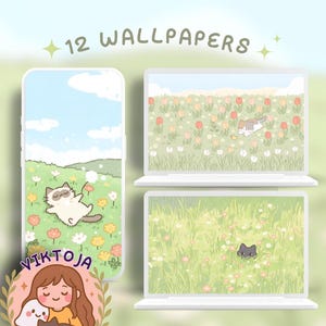 Può includere: Immagine di arte digitale che mostra 12 sfondi a tema natura. Gli sfondi presentano gatti dei cartoni animati in un campo di fiori, visualizzati su un telefono e due laptop. L'immagine include il testo "12 WALLPAPERS" e un logo con il nome "VIKTOJA".