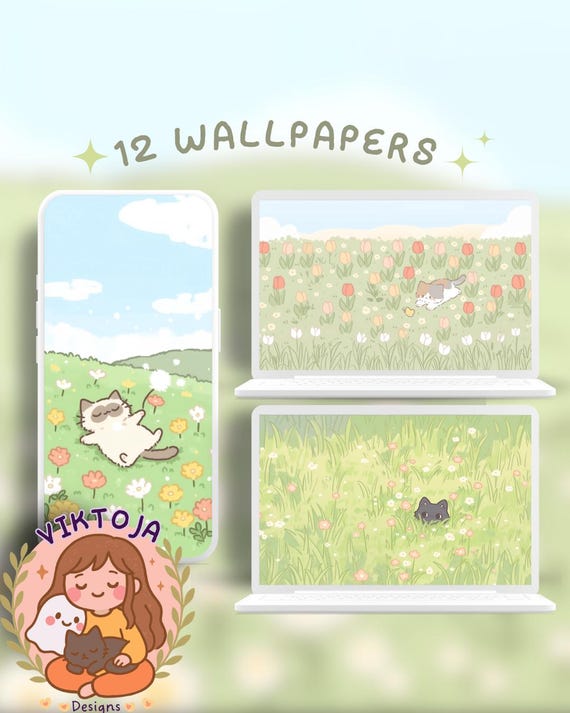 Kawaii spring Flower cats Wallpaper: Pastel Pink Desktop & Phone Backgrounds (Digital Download)