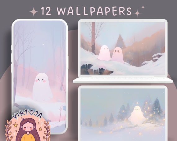 Winter Ghosts Wallpaper Set: Lofi Holiday Desktop Backgrounds (Digital Download)