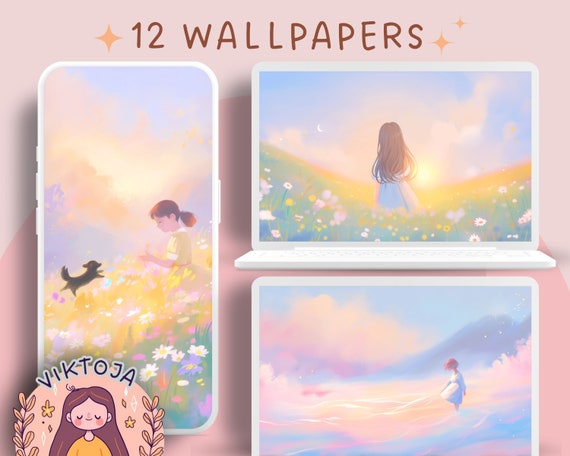 Dreamy Pastel Meadow Wallpaper Set for Phone & Desktop (Digital Download)
