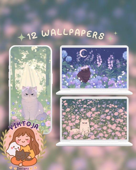 Angry Spring Cats Kawaii Wallpaper: Pastel Pink Desktop & Phone Backgrounds (Digital Download)