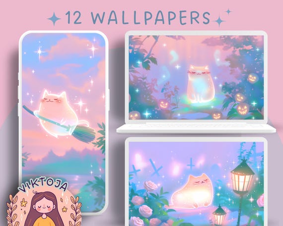 Halloween Cat Wallpaper: Kawaii Autumn Screensaver (Digital Download)