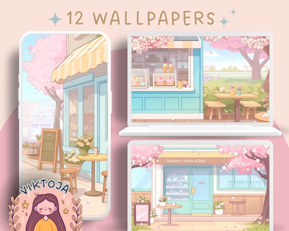 Cherry Blossom City Wallpaper: Kawaii Pastel Screensaver (Digital Download)