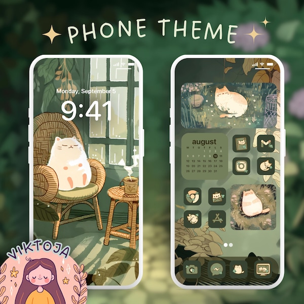 Tema de teléfono Kawaii Cat: Iconos y fondos de pantalla para iOS y Android (descarga digital)