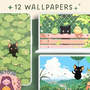 Black Cat wallpaper plants wallpaper green cozy Wallpaper desktop matcha wallpaper kawaii Instant Download anime wallpaper cats and plants