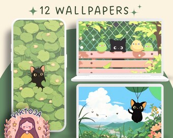 Cosy Black Cat-behangset, desktop en telefoon (directe download)