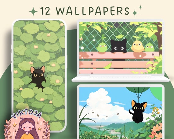 Cozy Black Cat Wallpaper Set, Desktop & Phone (Instant Download)