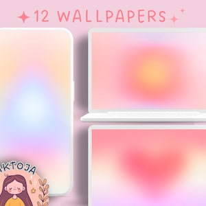 Peut inclure: Un ensemble de 12 fonds d'écran numériques présentant un dégradé de couleurs rose, orange et jaune. Les fonds d'écran sont conçus pour les écrans de téléphone et d'ordinateur portable. Le texte "12 WALLPAPERS" est affiché en haut de l'image.