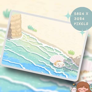 May include: A digital illustration of a beach scene with a cat in a seashell. The artwork features a sandy shore, ocean waves, and a small cat with stripes. The image also includes the text "5824 X 3264 PIXELS" in a blue circle.