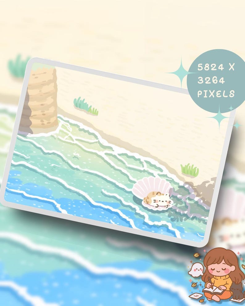 May include: A digital illustration of a beach scene with a cat in a seashell. The artwork features a sandy shore, ocean waves, and a small cat with stripes. The image also includes the text "5824 X 3264 PIXELS" in a blue circle.