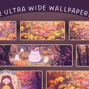 Kawaii pumpkin cat ultrawide Wallpaper autumn  halloween desktop wallpaper cozy screensaver kawaii background phone wallpaper fall 4k