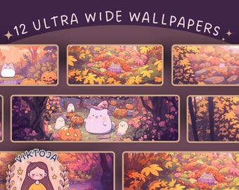 Kawaii Pumpkin Cat Wallpaper: Autumn Halloween Ultrawide Screensaver (Digital Download)