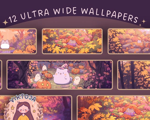 Kawaii Pumpkin Cat Wallpaper: Autumn Halloween Ultrawide Screensaver (Digital Download)