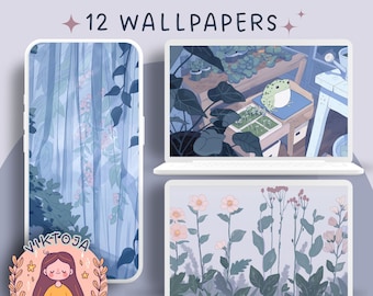 May include: A set of 12 digital wallpapers featuring a variety of nature-inspired designs. The wallpapers include a blue and green leafy pattern, a frog sitting on a wooden surface, and a light blue background with white flowers and green leaves.