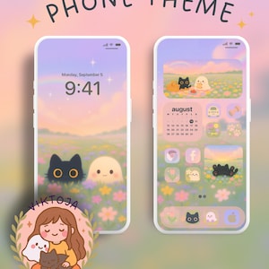 Tema per telefono con fiori, tema estivo per iOS, tema per Android, icone carine per telefono, sfondo primaverile fantasma, tema kawaii, tema per iPad, sfondo per tablet, libri