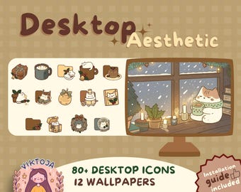 Puede incluir: Un conjunto de más de 80 iconos de escritorio con temática invernal y 12 fondos de pantalla con adorables gatos, escenas acogedoras y una paleta de colores cálidos. El texto "Desktop Aesthetic" se muestra en la parte superior de la imagen. Se incluye una guía de instalación.