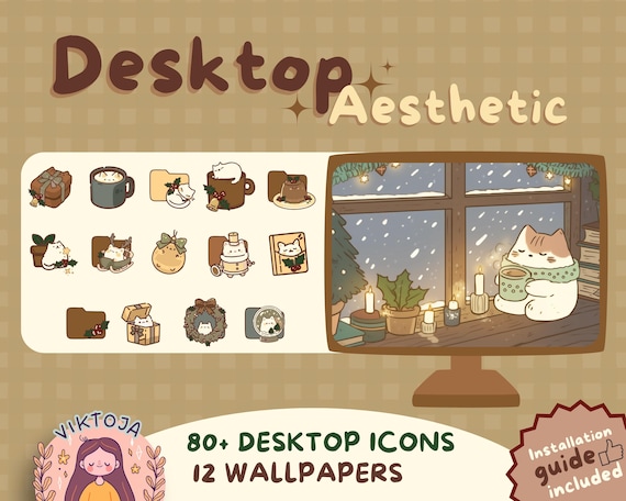 Kawaii Christmas Cat Desktop Wallpaper & Icons (Digital Download)