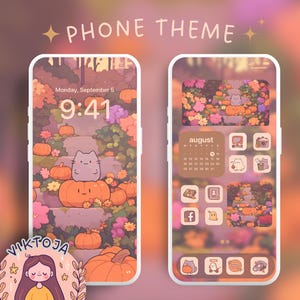 Tema de teléfono con gato de calabaza kawaii 2, tema para iOS, tema para Android, lindos íconos para teléfono, fondo de pantalla de Halloween, tema de otoño, tema para iPad, fondo de pantalla para tableta de otoño