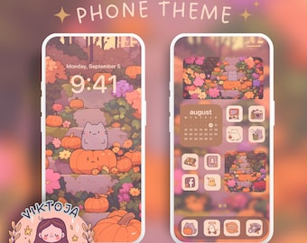 Kawaii Pumpkin Cat Phone Theme: iOS + Android (Digital Download)