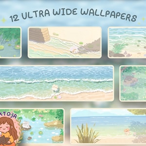 Kawaii wasser katzen Sommer Ultraweiten Wallpaper Set Schreibtisch Einrichtung Desktop für 21:9 32x9