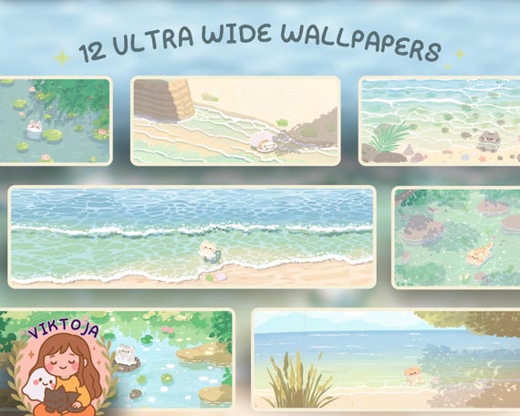 Kawaii water cats summer Ultrawide Wallpaper Set Desk Setup Desktop for 21:9 32x9