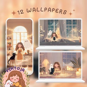 Puede incluir: Fondos de pantalla digitales con ilustraciones de una niña con un fantasma y un gato negro. La imagen incluye un teléfono y dos portátiles que muestran diferentes escenas. El texto "12 WALLPAPERS" se muestra en la parte superior.