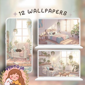 Op de afbeelding: Digitale kunst met 12 wallpapers weergegeven op een telefoon en twee laptops. De wallpapers tonen gezellige interieurscènes met planten, meubels en een cartoongeest en kat. De afbeelding bevat de tekst "12 WALLPAPERS" en een logo.