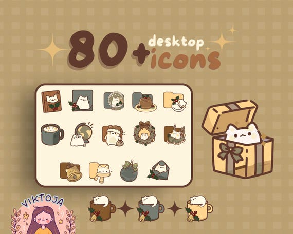 Christmas Cat Desktop Icons: 80 Kawaii Holiday Icons (PNG & ICO)