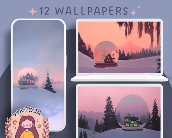 Snow Globe Winter Wallpaper, Holiday Theme Phone Tablet Backgrounds (Digital Download