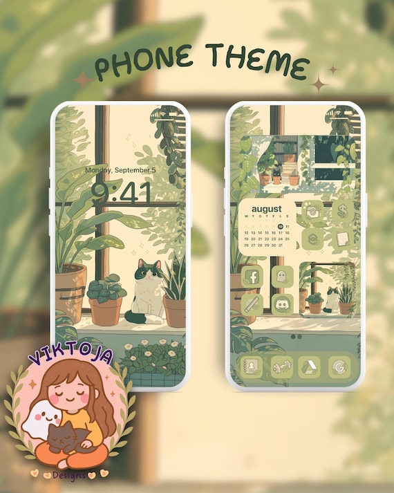 Green cat Phone Theme: plant Icons, Wallpaper (Digital Download)