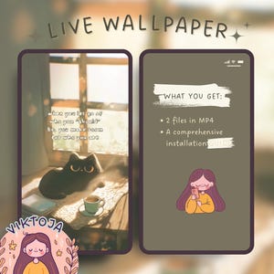 May include: A digital illustration of a cat sitting in a window with a quote about letting go of who you should be. The illustration is part of a live wallpaper set that includes two MP4 files and an installation guide.