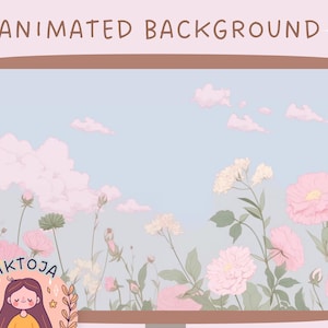 Può includere: Sfondo animato con un cielo azzurro chiaro, nuvole rosa soffici e un campo di fiori rosa. Il testo "VIKTOJA" è in un cerchio nell'angolo in basso a sinistra dell'immagine.