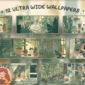 Puede incluir: Una colección de 12 fondos de pantalla ultra anchos con ilustraciones de escenas interiores con plantas y gatos. La obra de arte tiene una paleta de colores verde y beige, con gatos sentados cerca de ventanas y entre plantas en macetas. El texto "12 ULTRA WIDE WALLPAPERS" está en la parte superior.