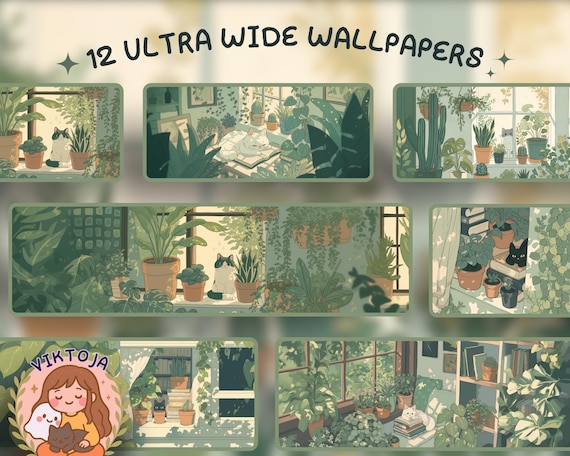 Green cat Desktop Wallpaper: plants and books 4K (Digital Download)