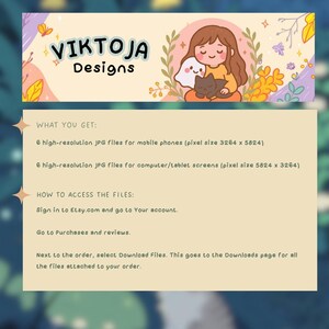 May include: A banner featuring "VIKTOJA Designs" and an illustration of a person with a cat and ghost. Below, details of digital files and instructions on accessing them via Etsy are provided.