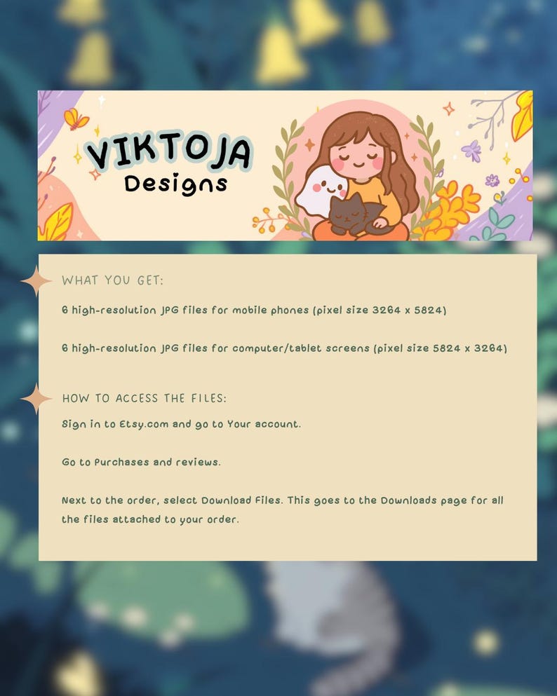 May include: A banner featuring "VIKTOJA Designs" and an illustration of a person with a cat and ghost. Below, details of digital files and instructions on accessing them via Etsy are provided.
