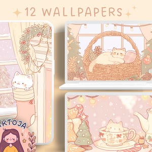 Fondo de pantalla de gatos navideños kawaii, fondo de pantalla de vacaciones, fondo de pantalla navideño, protector de pantalla acogedor, fondo kawaii, fondo de pantalla para teléfono, nieve 4k