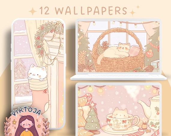 Kawaii Christmas Cats Wallpaper: Cozy Holiday Screensaver (Digital Download)