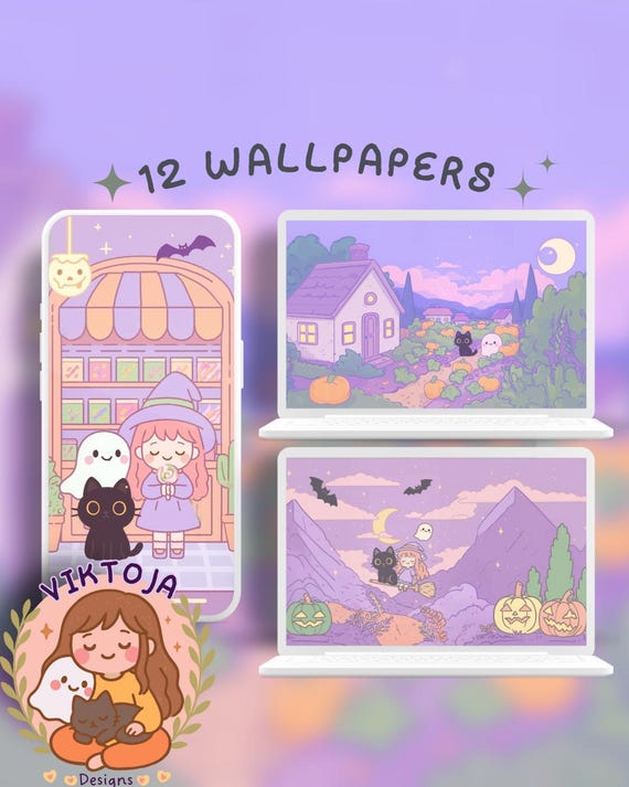 Kawaii Halloween Wallpaper Set: Purple Witch, Ghost & Cat (Digital Download)