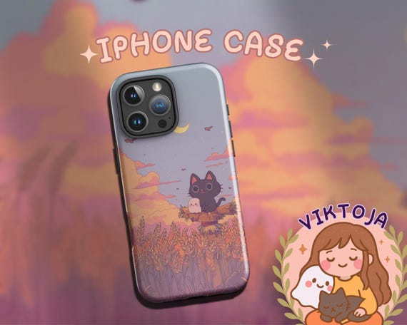 Kawaii Ghost Cat iPhone Case: cozy Moon autumn Art, hygge Celestial Gift