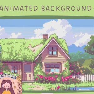 May include: A pixelated illustration of a green-roofed house with a white picket fence and a pond in front. The house has a brown door and windows, and there are pink flowers in the yard. The sky is blue with white clouds.