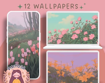 Blumen-Tapete Wiese Tapete Pastell Tapete Anime Tapeten 4k Tapete ästhetischer Desktop-Hintergrund niedliche Tapete