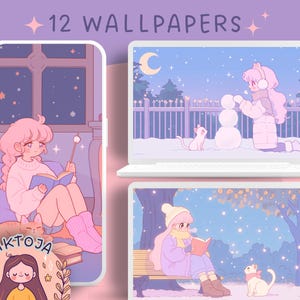 Ragazza di libri Sfondo invernale Sfondo di libri Gatto Sfondo del desktop Gatto accogliente Salvaschermo Sfondo kawaii Sfondo carino per telefono iPad Neve 4k