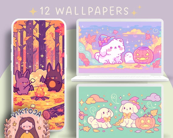 Kawaii Halloween Wallpaper: Pumpkin Cats, Fall Desktop Backgrounds (Digital Download)